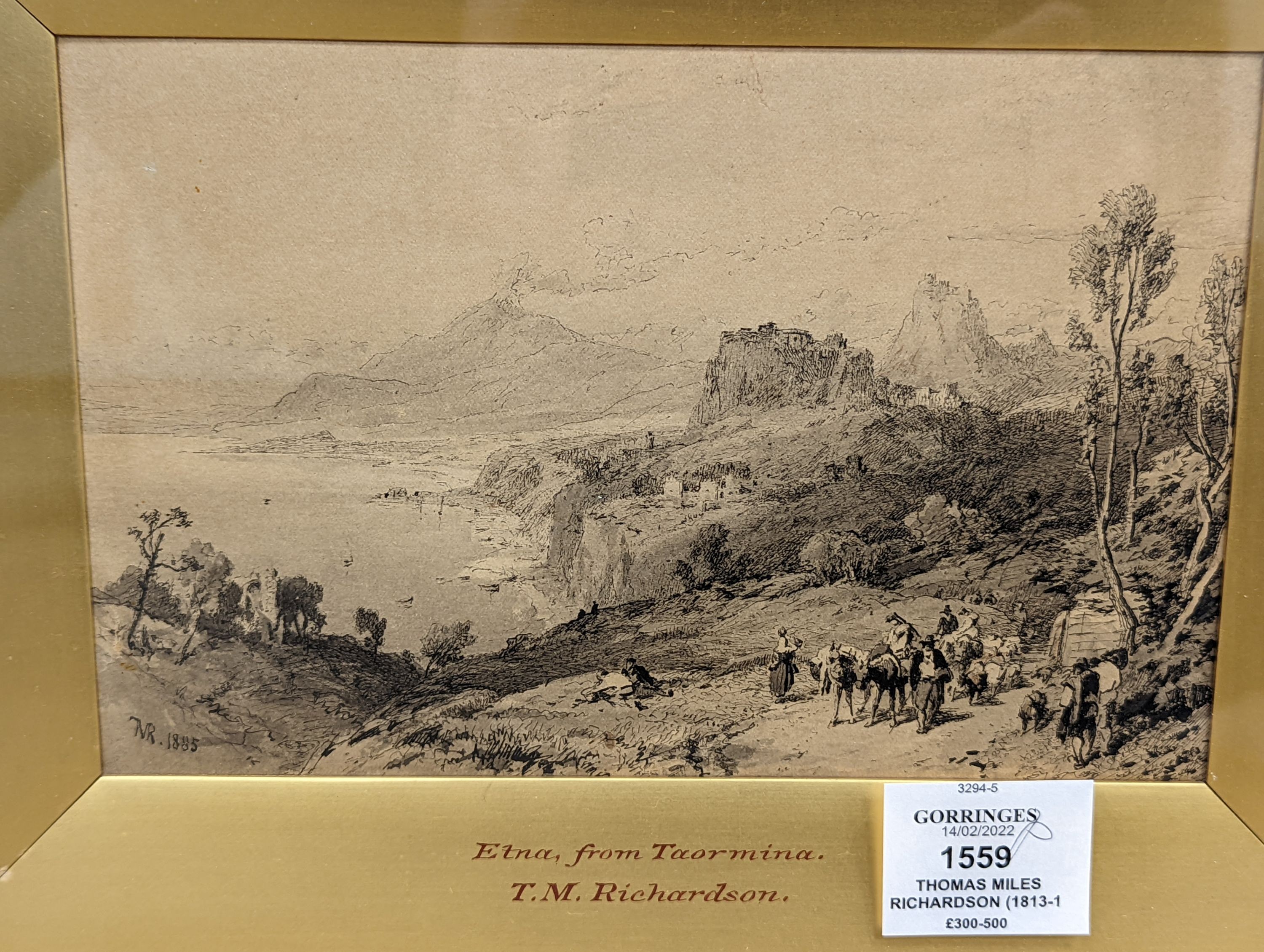 Thomas Miles Richardson (1813-1890), pair of ink and wash drawings, 'Etna from Taormina' and 'Glencoe from Ranoch Moor', initialled and dated 1884/85, 14 x 21cm